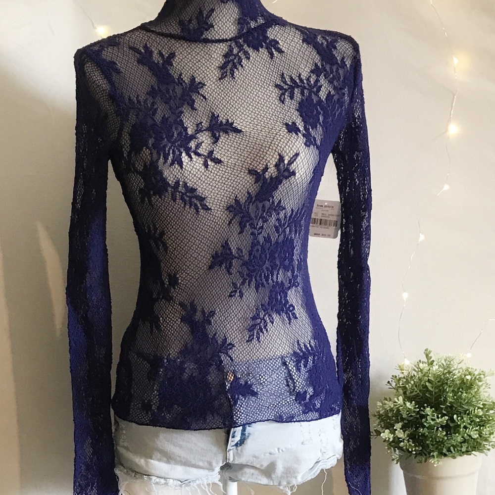 Free People Stretch Turtleneck Lace Top (XS)
